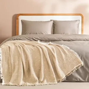 %100 Pamuk Müslin Yatak Örtüsü 220x240 cm Bej - Glen Serisi