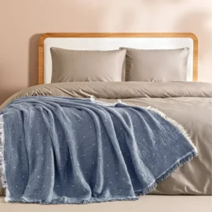 %100 Pamuk Müslin Yatak Örtüsü 220x240 cm Mavi - Glen Serisi